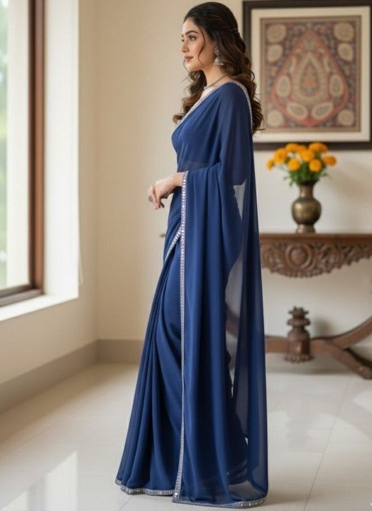 Women's Navy Plain Georgette Sarees with Mirror Work Lace Border - Image 3