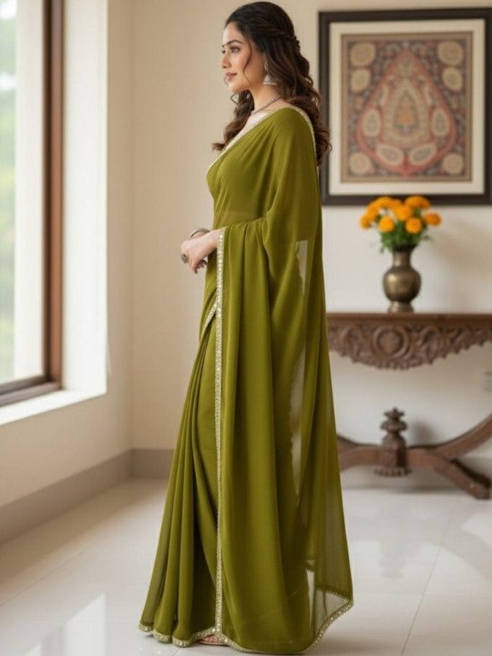 Women's Mahendi Plain Georgette Sarees with Mirror Work Lace Border - Image 2