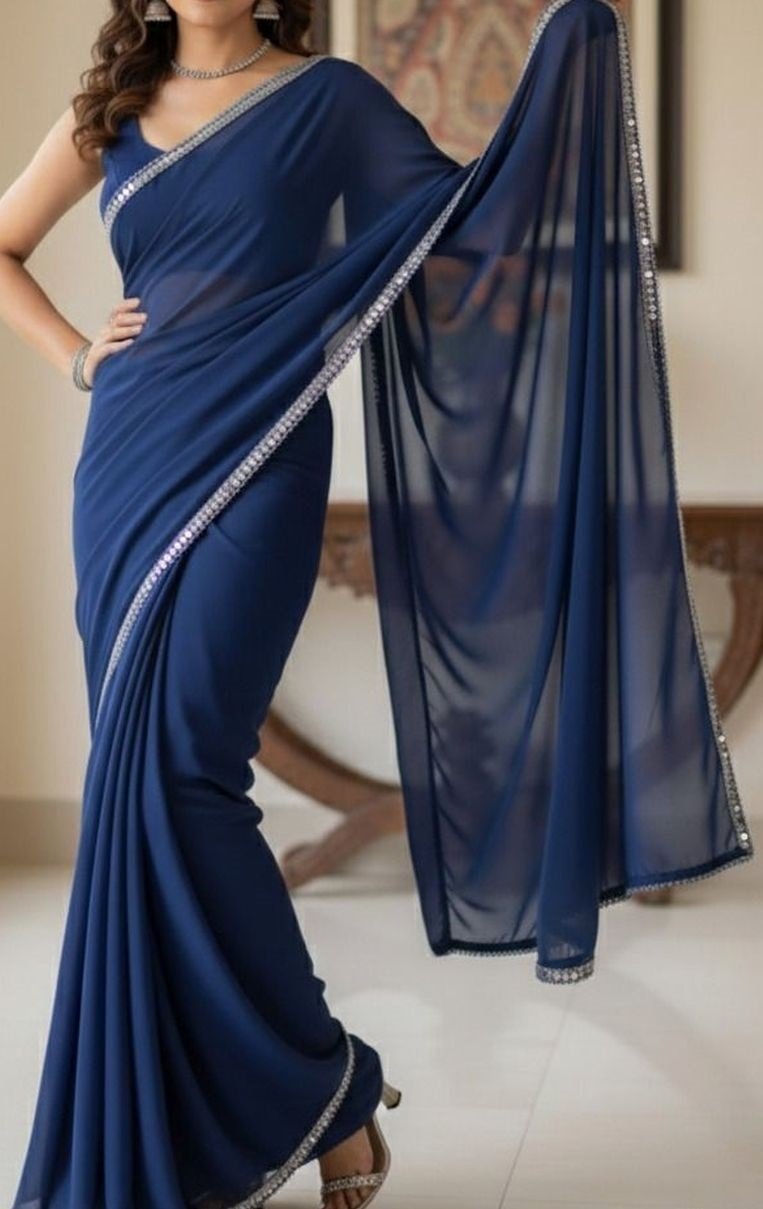 Women's Navy Plain Georgette Sarees with Mirror Work Lace Border - Image 2
