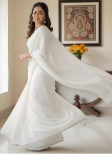 Women's White Plain Georgette Sarees with Mirror Work Lace Border