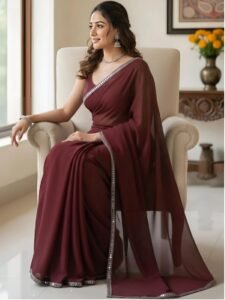 Women's Brown Plain Georgette Sarees with Mirror Work Lace Border