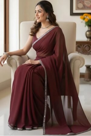 Women's Brown Plain Georgette Sarees with Mirror Work Lace Border