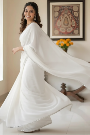 Women's White Plain Georgette Sarees with Mirror Work Lace Border