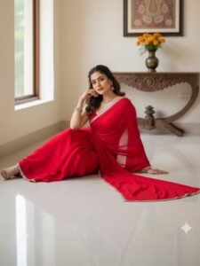 Women's Red Plain Georgette Sarees with Mirror Work Lace Border