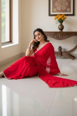 Women's Red Plain Georgette Sarees with Mirror Work Lace Border