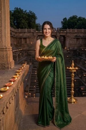 Women’s Bollywood-Style Solid Georgette Saree with Gold Zari & Beaded Lace Border