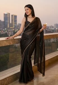 Women’s Bollywood-Style Solid Georgette Saree with Gold Zari & Beaded Lace Border