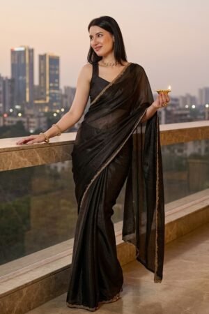 Women’s Bollywood-Style Solid Georgette Saree with Gold Zari & Beaded Lace Border