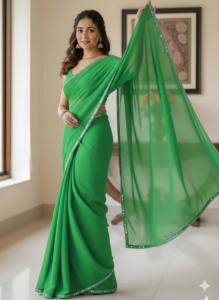 Women's Green Plain Georgette Sarees with Mirror Work Lace Border