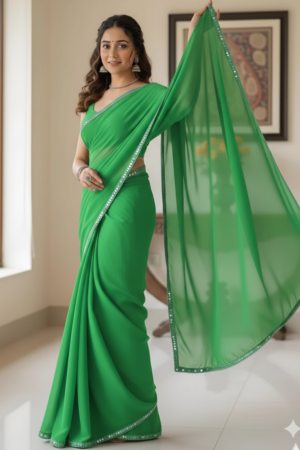 Women's Green Plain Georgette Sarees with Mirror Work Lace Border