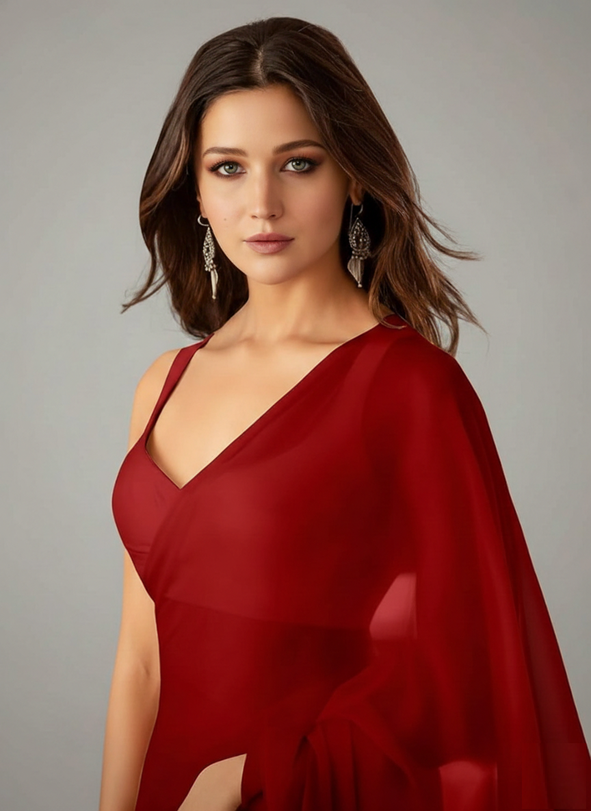 Women's Plain Pure Georgette Saree With Unstitched Blouse Piece (Rocky Aur Rani Ki Prem Kahani Alia Bhatt Saree)