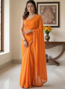 Women's Orange Plain Georgette Sarees with Mirror Work Lace Border