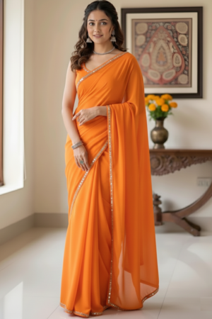 Women's Orange Plain Georgette Sarees with Mirror Work Lace Border