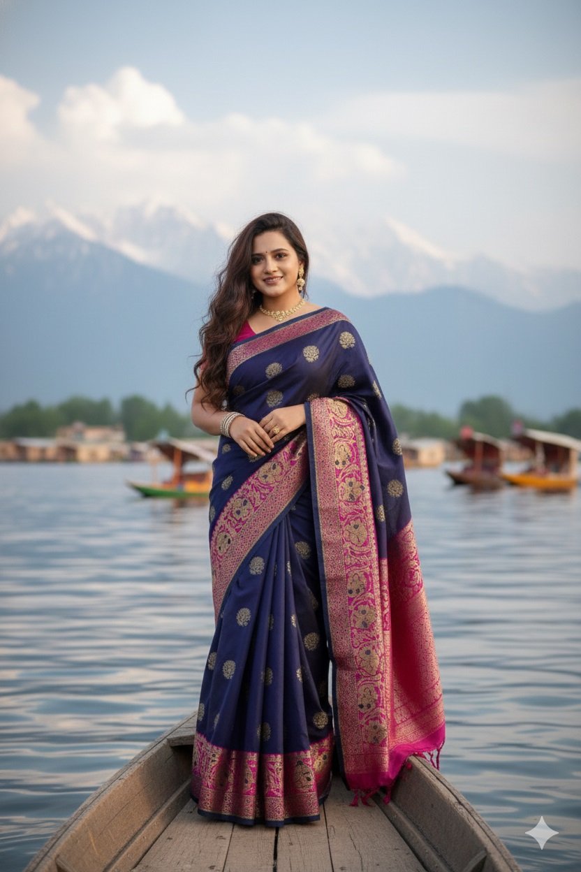 Woven, Floral Print, Geometric Print, Border Banarasi Jacquard, Brocade Saree - Image 2