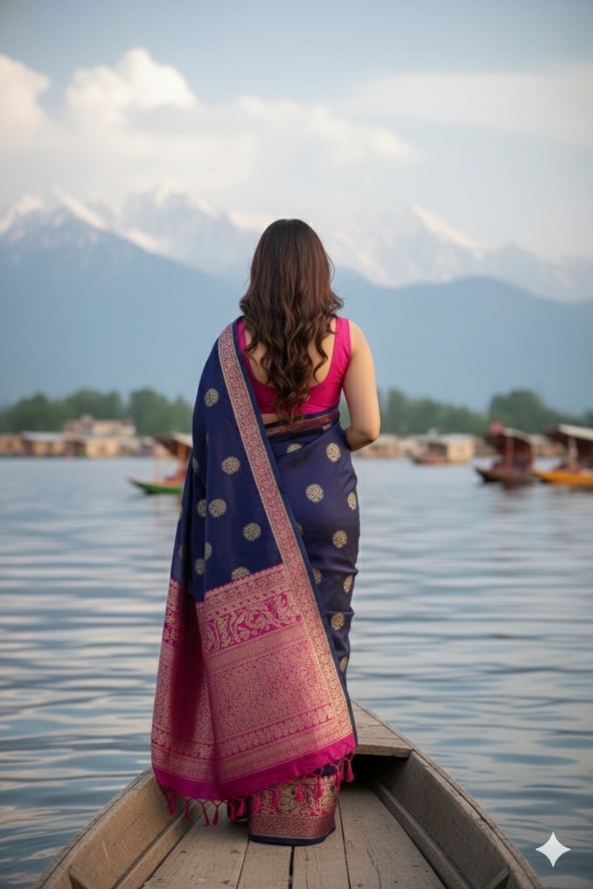 Woven, Floral Print, Geometric Print, Border Banarasi Jacquard, Brocade Saree - Image 3