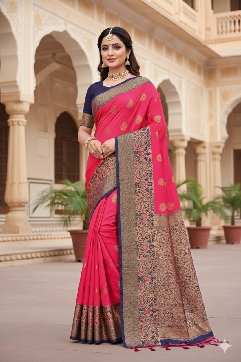 Women's Banarasi Silk Saree with Gold Zari Butta and Contrast Peacock Woven Border - Image 4