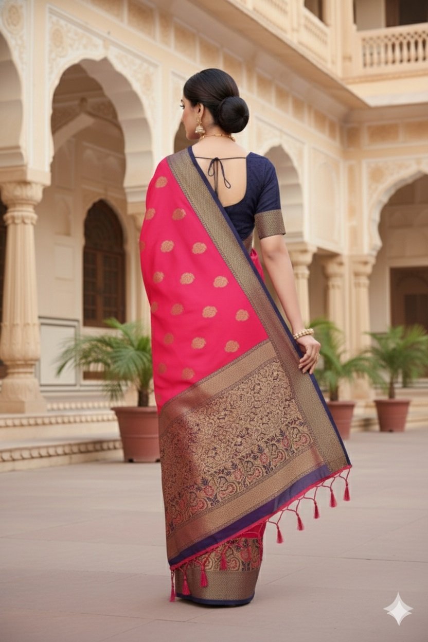 Women's Banarasi Silk Saree with Gold Zari Butta and Contrast Peacock Woven Border - Image 2