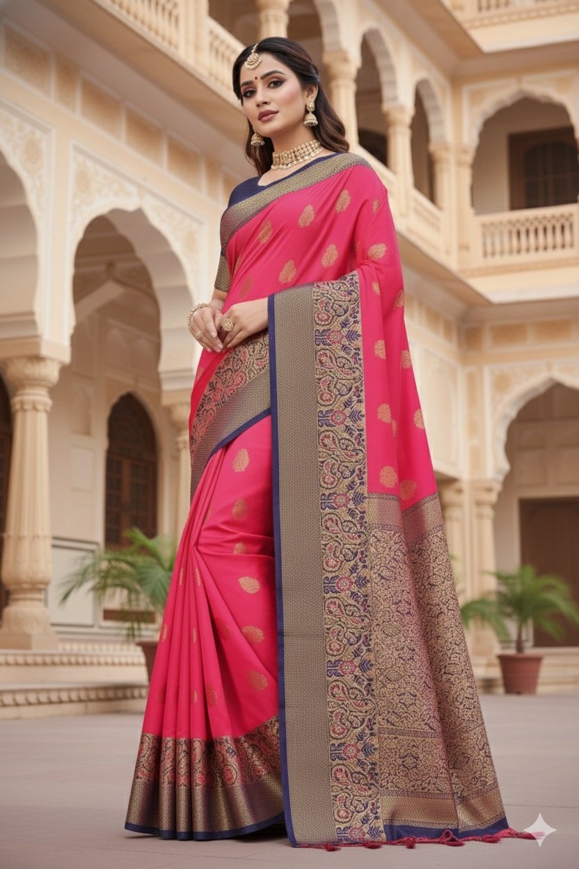 Women's Banarasi Silk Saree with Gold Zari Butta and Contrast Peacock Woven Border - Image 3
