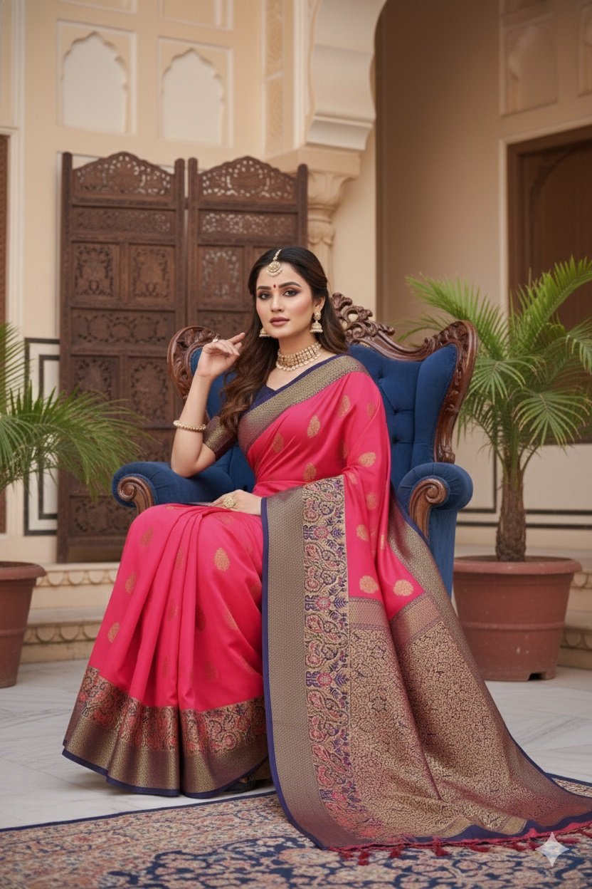 Women's Banarasi Silk Saree with Gold Zari Butta and Contrast Peacock Woven Border - Image 5
