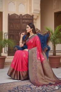 Women's Banarasi Silk Saree with Gold Zari Butta and Contrast Peacock Woven Border