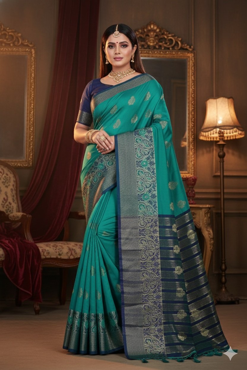 Women's Banarasi Silk Saree with Gold Zari Butta and Contrast Peacock Woven Border - Image 4