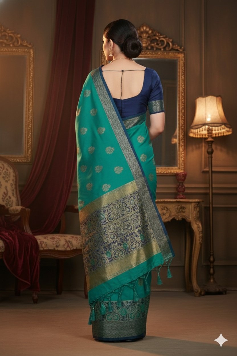 Women's Banarasi Silk Saree with Gold Zari Butta and Contrast Peacock Woven Border - Image 3