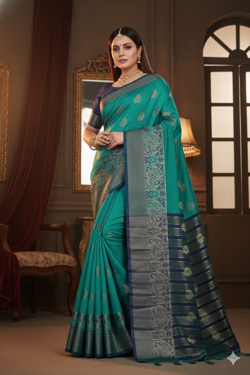 Women's Banarasi Silk Saree with Gold Zari Butta and Contrast Peacock Woven Border - Image 2