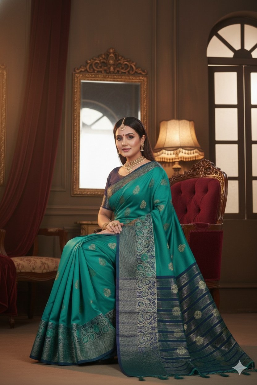 Women's Banarasi Silk Saree with Gold Zari Butta and Contrast Peacock Woven Border