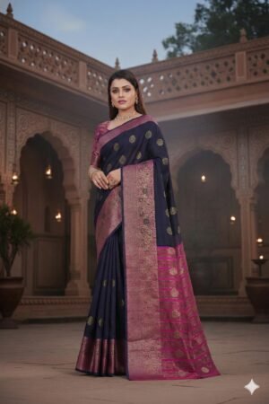 Women's Banarasi Silk Saree with Gold Zari Butta and Contrast Peacock Woven Border