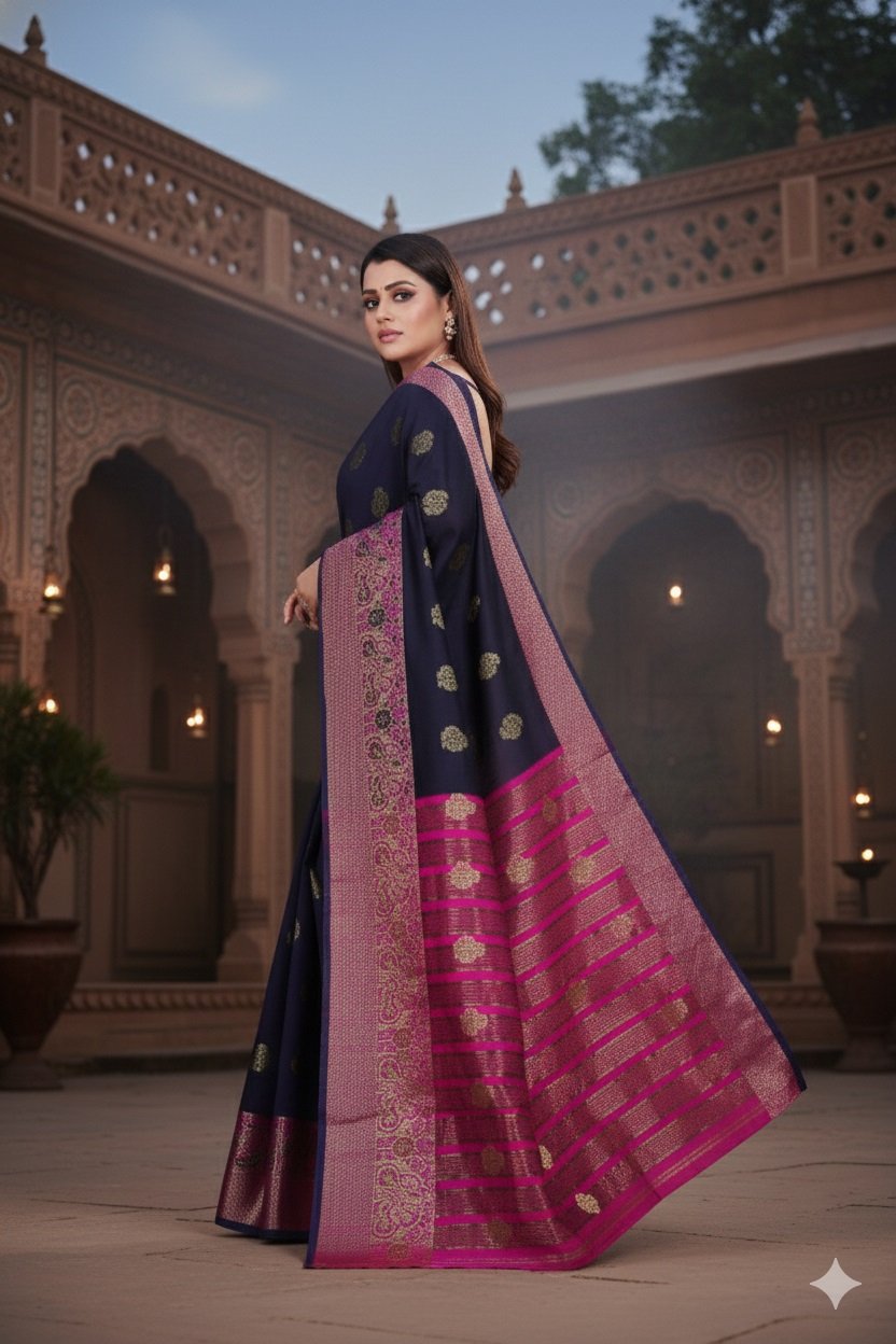 Women's Banarasi Silk Saree with Gold Zari Butta and Contrast Peacock Woven Border - Image 2