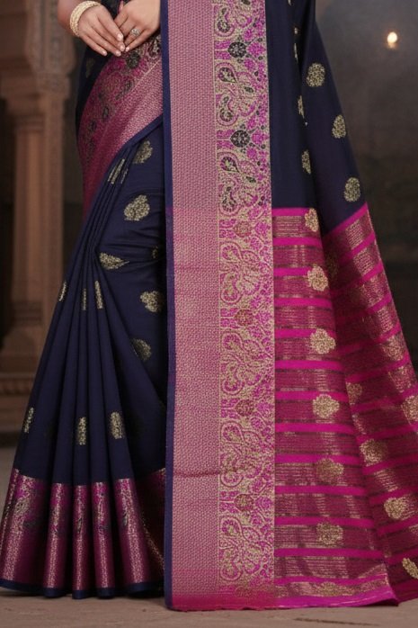 Women's Banarasi Silk Saree with Gold Zari Butta and Contrast Peacock Woven Border - Image 3