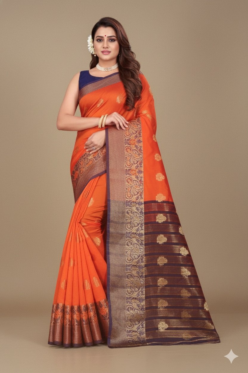 Women's Banarasi Silk Saree with Gold Zari Butta and Contrast Peacock Woven Border - Image 3