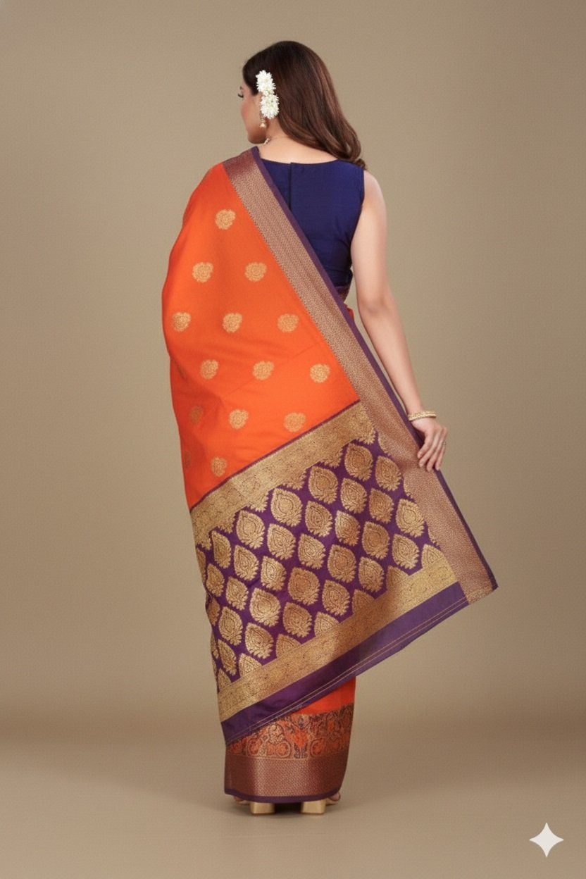 Women's Banarasi Silk Saree with Gold Zari Butta and Contrast Peacock Woven Border - Image 2