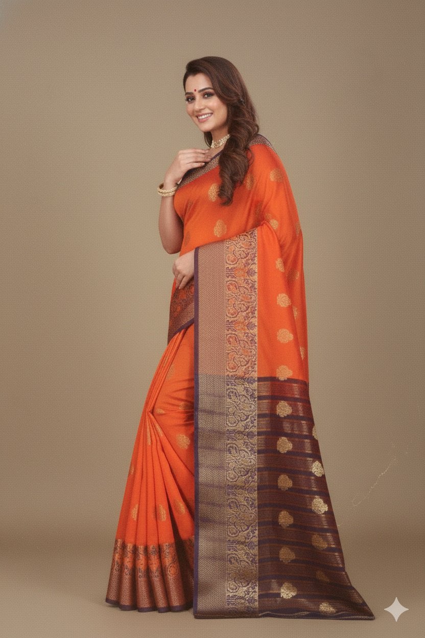 Women's Banarasi Silk Saree with Gold Zari Butta and Contrast Peacock Woven Border - Image 4
