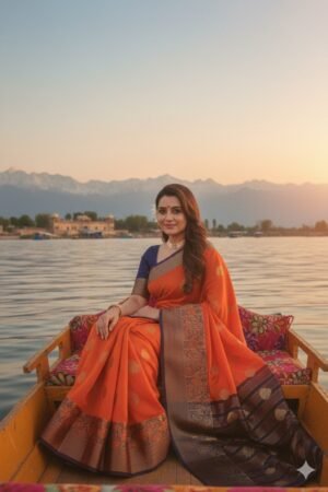 Women's Banarasi Silk Saree with Gold Zari Butta and Contrast Peacock Woven Border