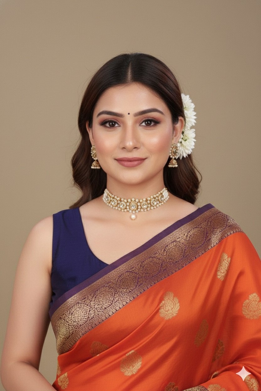 Women's Banarasi Silk Saree with Gold Zari Butta and Contrast Peacock Woven Border - Image 5