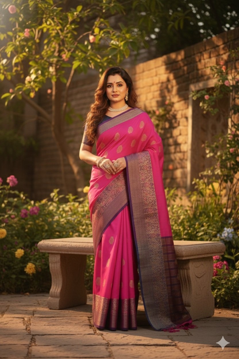 Women's Banarasi Silk Saree with Gold Zari Butta and Contrast Peacock Woven Border - Image 3