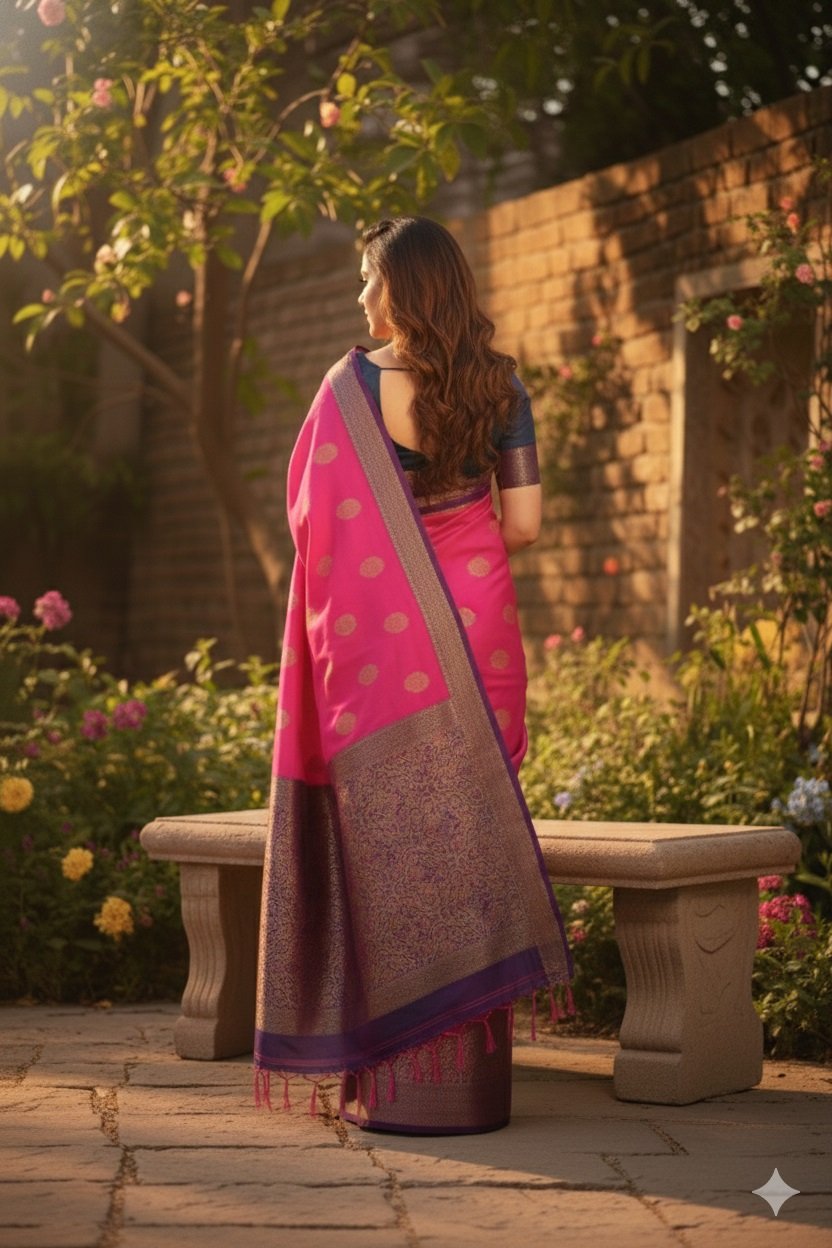 Women's Banarasi Silk Saree with Gold Zari Butta and Contrast Peacock Woven Border - Image 2