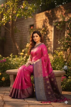 Women's Banarasi Silk Saree with Gold Zari Butta and Contrast Peacock Woven Border