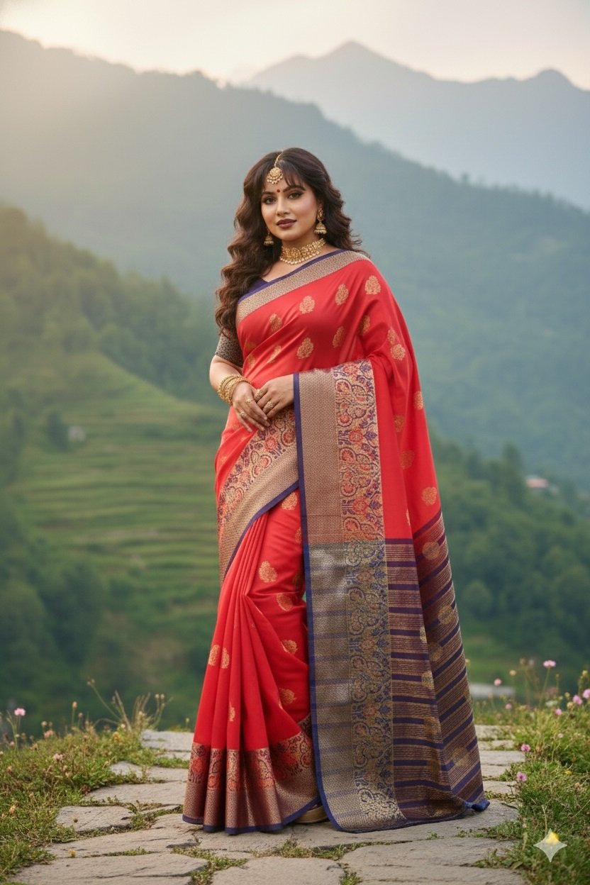 Women's Banarasi Silk Saree with Gold Zari Butta and Contrast Peacock Woven Border - Image 6