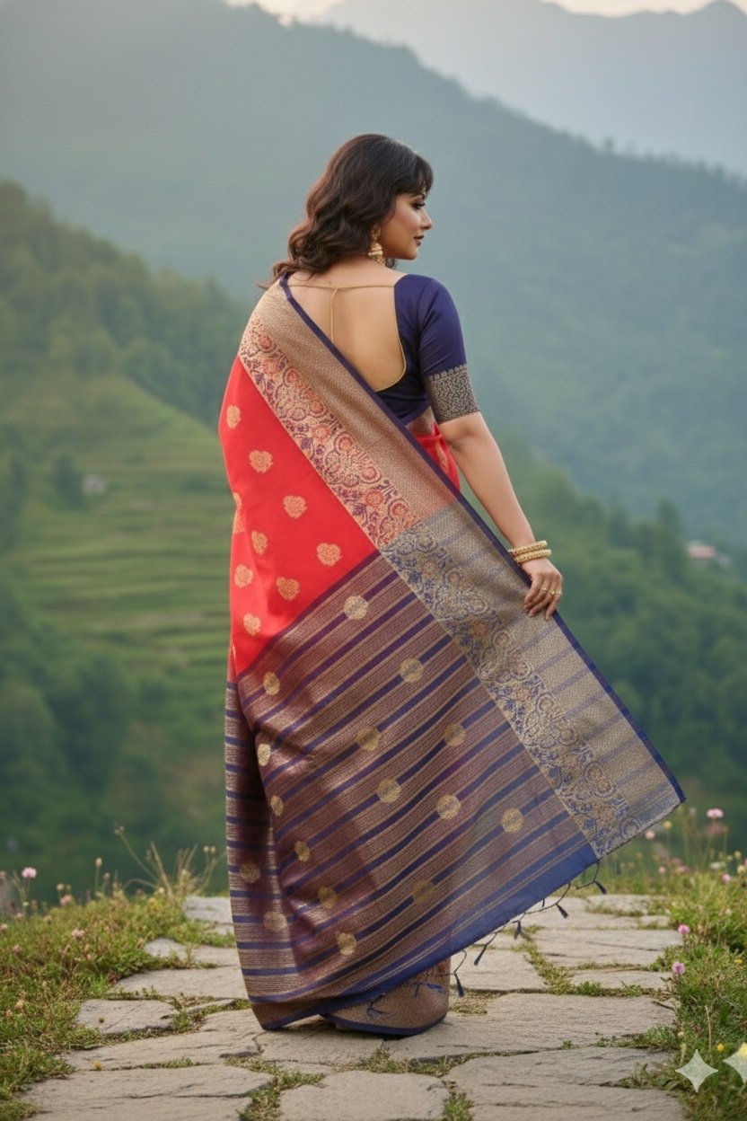 Women's Banarasi Silk Saree with Gold Zari Butta and Contrast Peacock Woven Border - Image 5