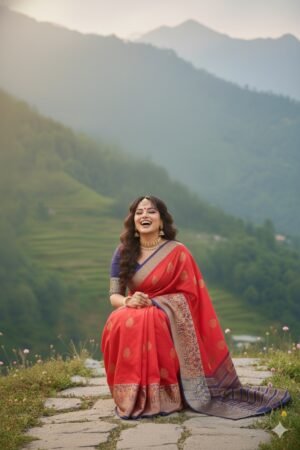 Women's Banarasi Silk Saree with Gold Zari Butta and Contrast Peacock Woven Border