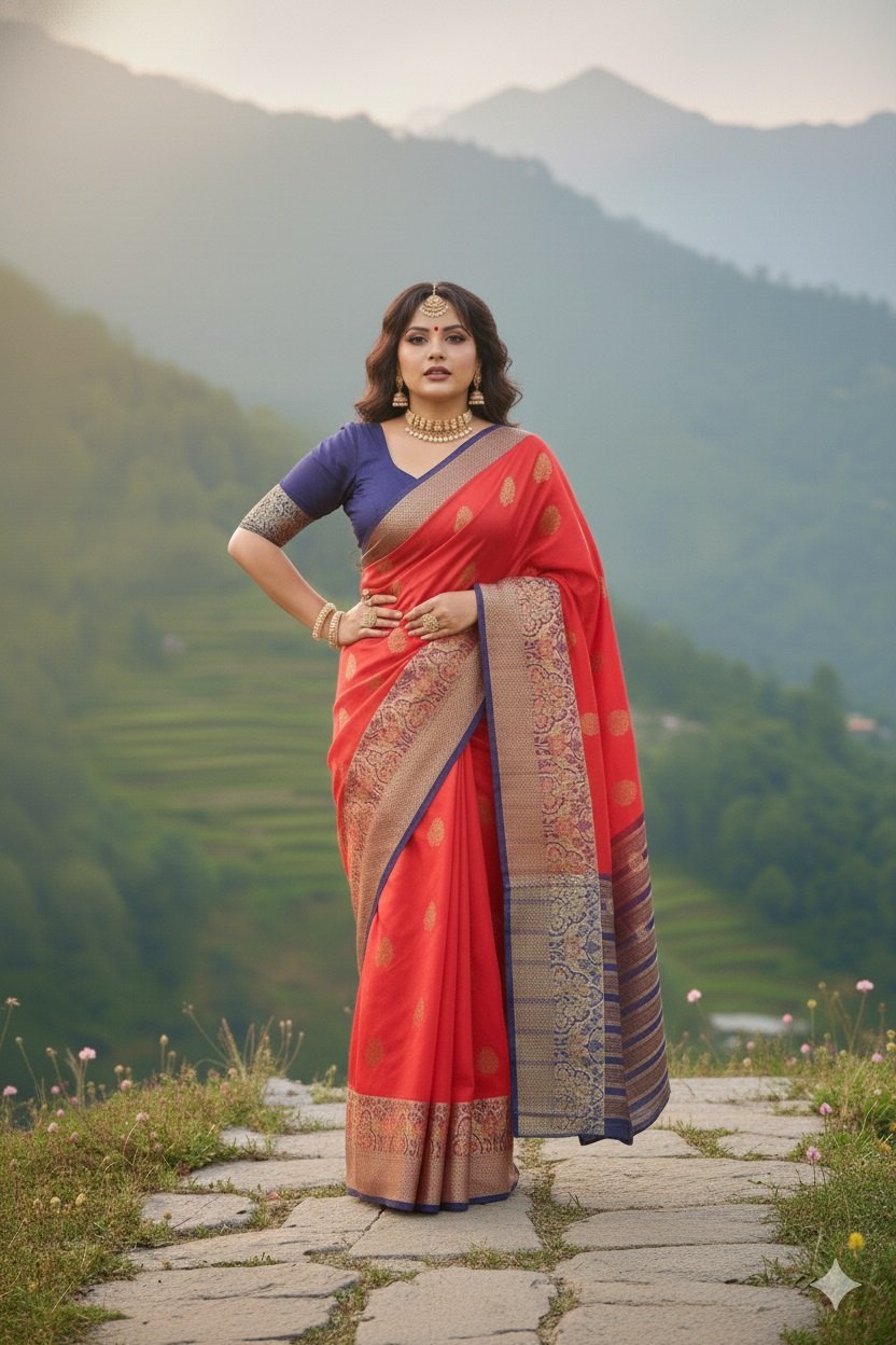 Women's Banarasi Silk Saree with Gold Zari Butta and Contrast Peacock Woven Border - Image 4