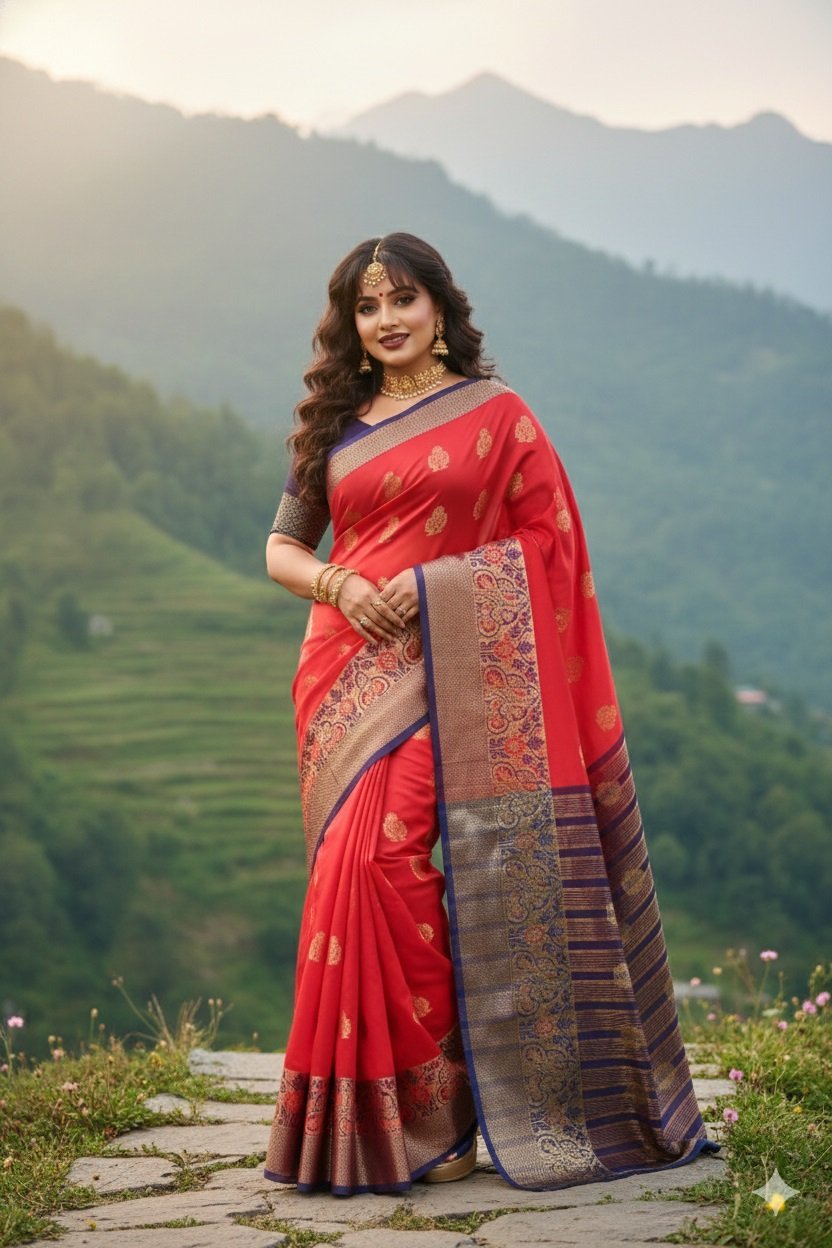 Women's Banarasi Silk Saree with Gold Zari Butta and Contrast Peacock Woven Border - Image 3