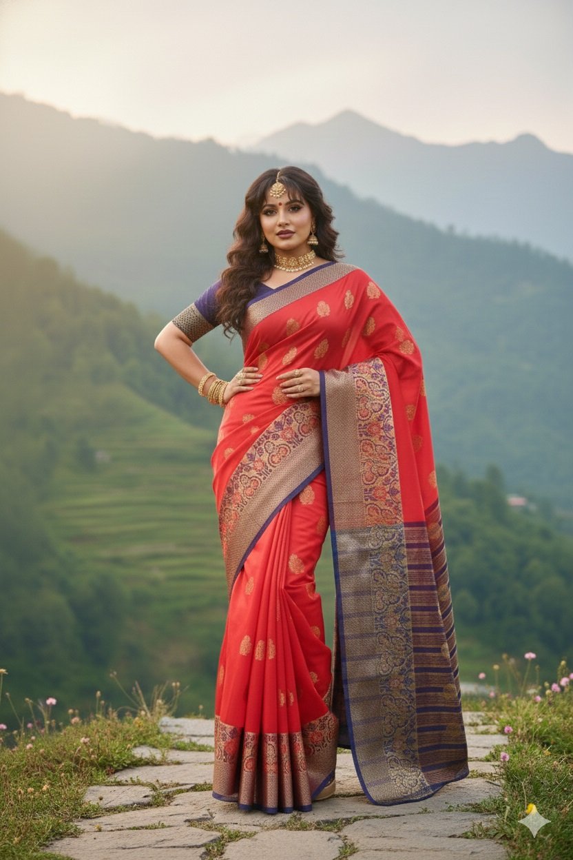 Women's Banarasi Silk Saree with Gold Zari Butta and Contrast Peacock Woven Border - Image 2