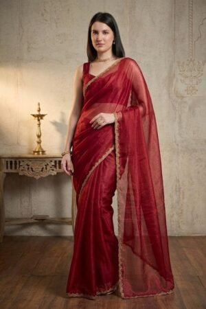 Women’s Bollywood-Style Solid Georgette Saree with Gold Zari & Beaded Lace Border