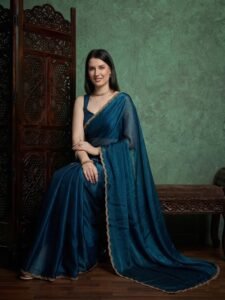 Women’s Bollywood-Style Solid Georgette Saree with Gold Zari & Beaded Lace Border