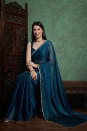 Women’s Bollywood-Style Solid Georgette Saree with Gold Zari & Beaded Lace Border