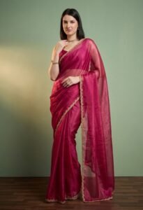 Women’s Bollywood-Style Solid Georgette Saree with Gold Zari & Beaded Lace Border