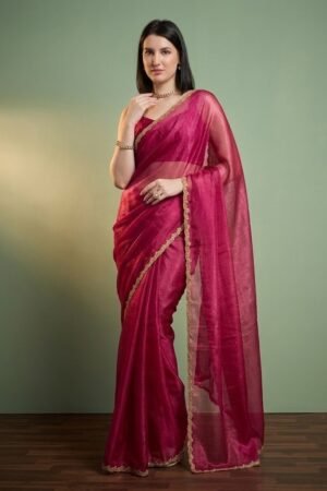 Women’s Bollywood-Style Solid Georgette Saree with Gold Zari & Beaded Lace Border